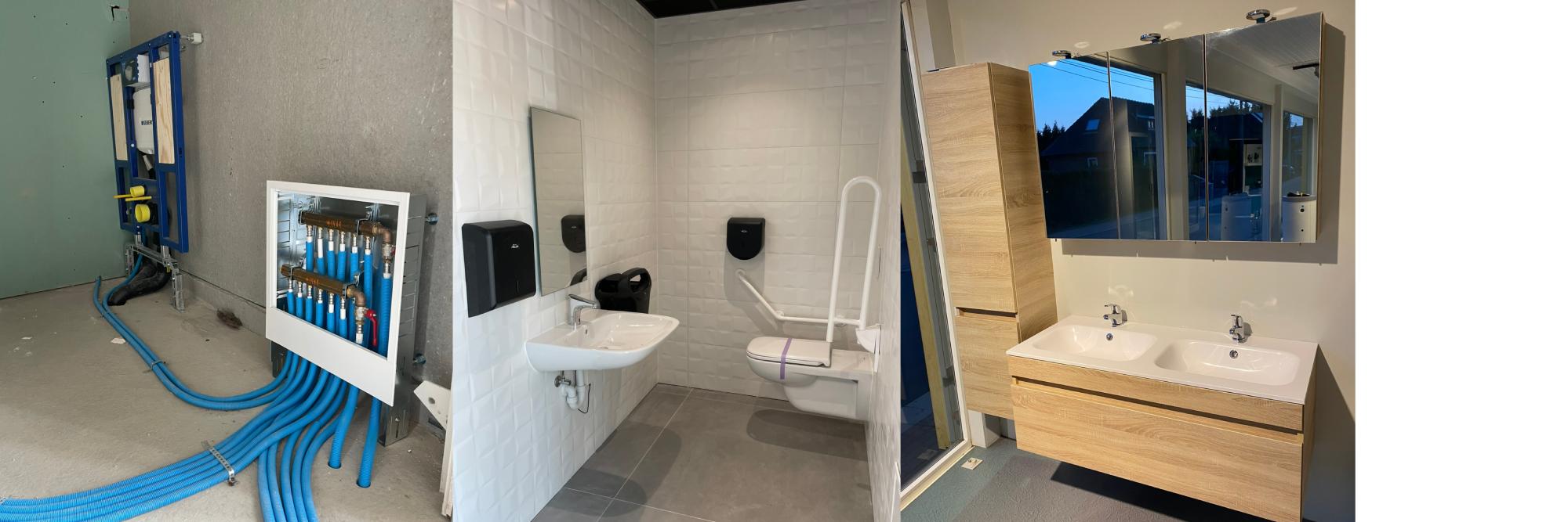 Bati fixe PMR suivi d'une toilette PMR aménagée ainsi qu'une salle de bain d'exposition de la marque SALGAR